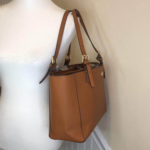 TORY BURCH Saffiano Leather Shoulder Bag Brown Leather Tote Bag Medallion Lining - Picture 4 of 17